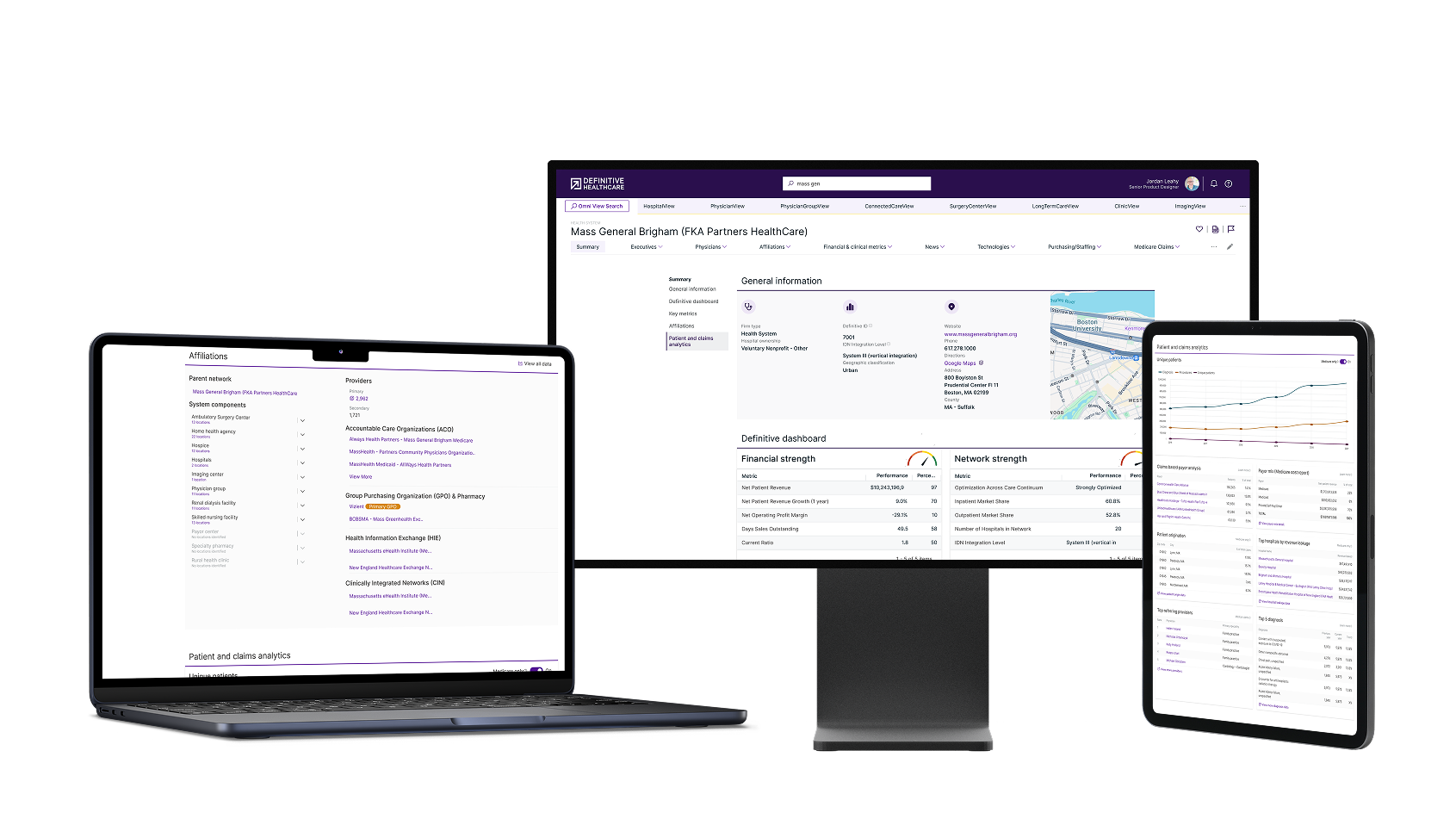 Definitive Healthcare dashboard showing multi-device interface with navigation, data analytics, and clinical metrics